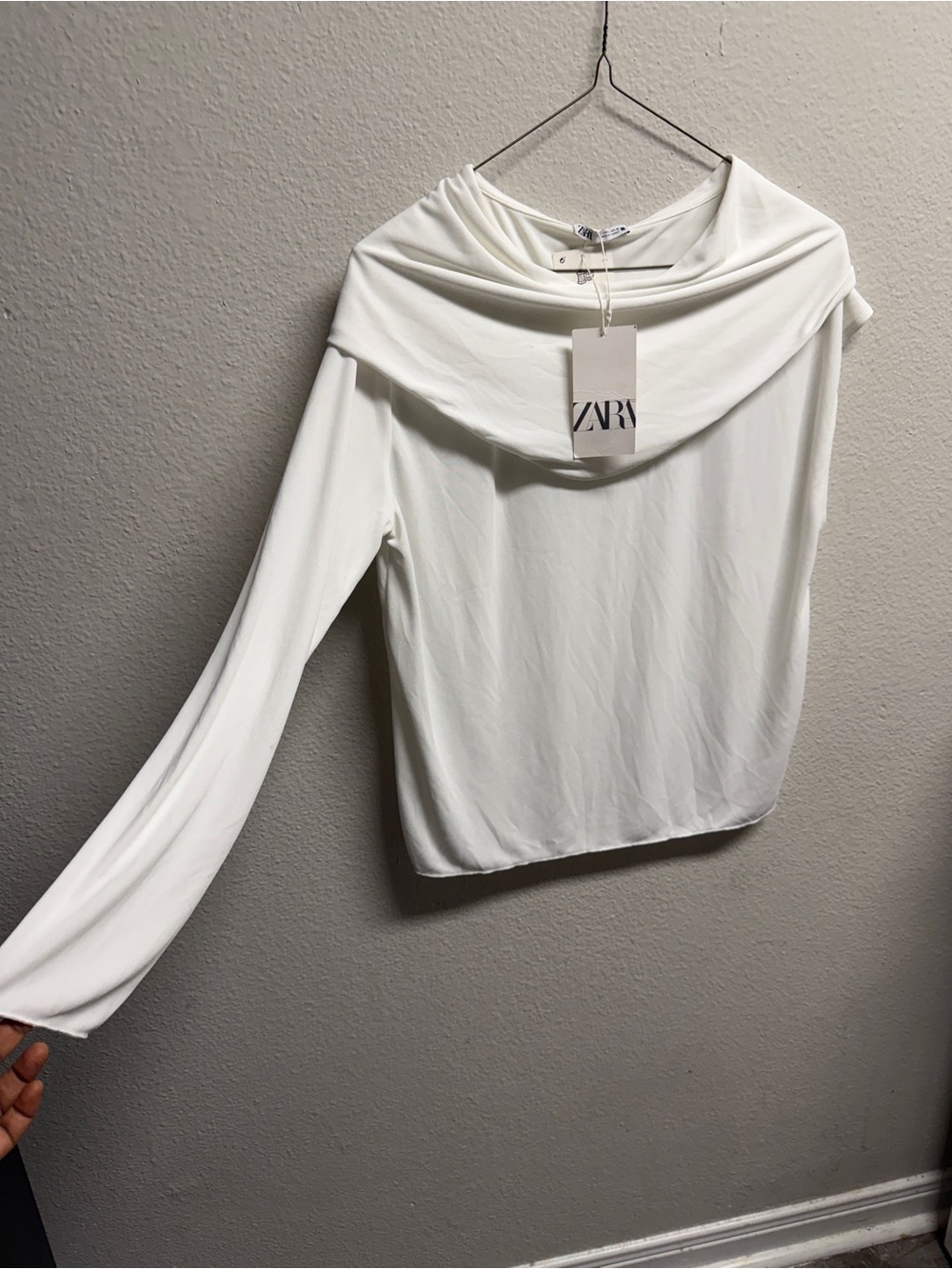 Zara Off-Shoulder White Long-Sleeve Draped Top